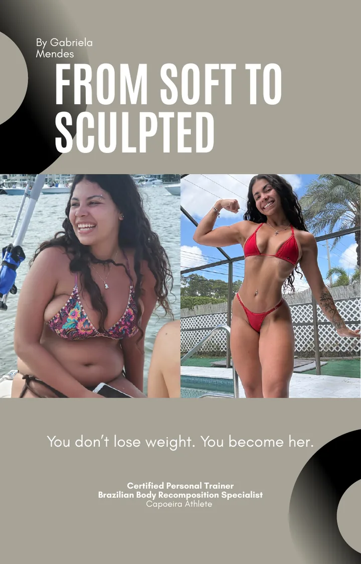 Cover of the From Soft to Sculpted PDF guide by Gabriela Mendes, showing her before and after