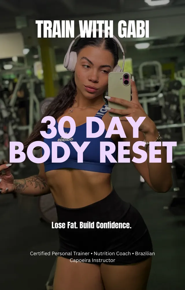 Page 1 of the 30 Day Body Reset: the cover, with Gabi in the gym.